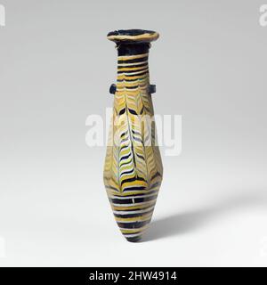 Kunst inspiriert von Glas-Alabastroon (Parfümflasche), späthellenistisch, 2.–1. Jahrhundert v. Chr., Griechisch, Östliches Mittelmeer, Glas; kernförmig, Gruppe III, H.: 5 1/16 Zoll (12,8 cm), Glas, lichtdurchlässig blau, mit Griffen in gleicher Farbe; Trails in opak-gelb und opak-weiß., breiter Rand-, Classic Works modernisiert von Artotop mit einem Schuss Modernität. Formen, Farbe und Wert, auffällige visuelle Wirkung auf Kunst. Emotionen durch Freiheit von Kunstwerken auf zeitgemäße Weise. Eine zeitlose Botschaft, die eine wild kreative neue Richtung verfolgt. Künstler, die sich dem digitalen Medium zuwenden und die Artotop NFT erschaffen Stockfoto