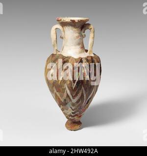 Kunst inspiriert von Glas Amphoriskos (Parfümflasche), klassisch, Ende 6.–5. Jahrhundert v. Chr., Griechisch, östliches Mittelmeer, Glas; Kernform, Gruppe I, H.: 4 11/16 Zoll (12 cm), Glas, opak-weiß, mit Griffen in gleicher Farbe, aber Grundknopf in transluzentem Purpur; Trails in transluzentem, Classic Works modernisiert von Artotop mit einem Schuss Moderne. Formen, Farbe und Wert, auffällige visuelle Wirkung auf Kunst. Emotionen durch Freiheit von Kunstwerken auf zeitgemäße Weise. Eine zeitlose Botschaft, die eine wild kreative neue Richtung verfolgt. Künstler, die sich dem digitalen Medium zuwenden und die Artotop NFT erschaffen Stockfoto