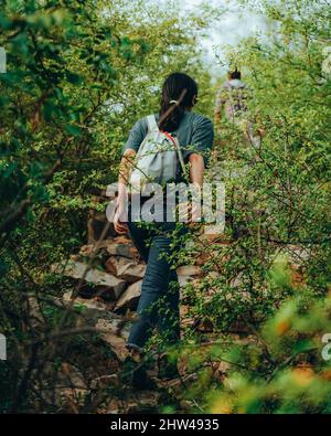 Rückansicht einer weiblichen Wanderung auf dem felsigen Waldweg Stockfoto