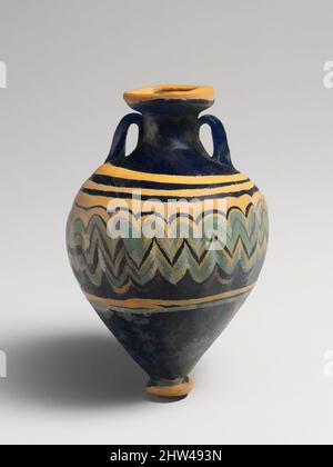 Kunst inspiriert von Glas Amphoriskos (Parfümflasche), klassisch, Ende 6.–5. Jahrhundert v. Chr., Griechisch, östliches Mittelmeer, Glas; Kernform, Gruppe I, H.: 3 Zoll (7,5 cm), Glas, lichtdurchlässig kobaltblau, mit Griffen in gleicher Farbe; Trails in opak-gelb und opak-türkisblau, Classic Works modernisiert von Artotop mit einem Schuss Modernität. Formen, Farbe und Wert, auffällige visuelle Wirkung auf Kunst. Emotionen durch Freiheit von Kunstwerken auf zeitgemäße Weise. Eine zeitlose Botschaft, die eine wild kreative neue Richtung verfolgt. Künstler, die sich dem digitalen Medium zuwenden und die Artotop NFT erschaffen Stockfoto