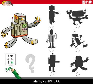 Cartoon-Illustration der Suche nach dem richtigen Bild, um den Schatten Lernspiel für Kinder mit Robotern Charaktere Stock Vektor