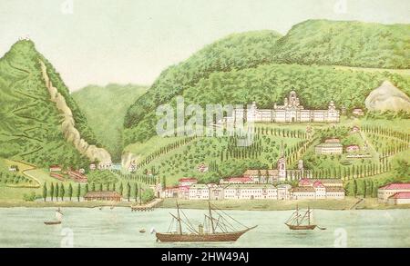 Gesamtansicht des Simono-Kananitsky Klosters in Neu-Athos in Abchasien. Lithographie vom Ende des 19.. Jahrhunderts. Stockfoto