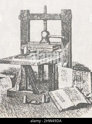 Johannes Gutenbergs Druckmaschine. Mittelalterliche Gravur. Stockfoto