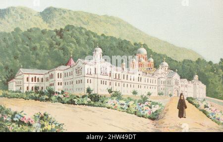 Oberes Kloster in Neu-Athos in Abchasien. Lithographie vom Ende des 19.. Jahrhunderts. Stockfoto