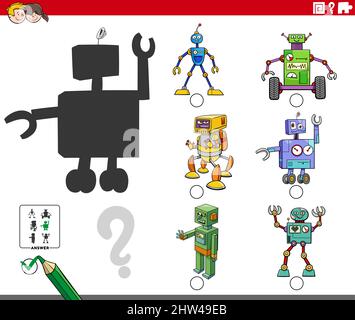 Cartoon-Illustration der Suche nach dem richtigen Bild, um die Schatten pädagogische Aufgabe für Kinder mit Robotern Charaktere Stock Vektor