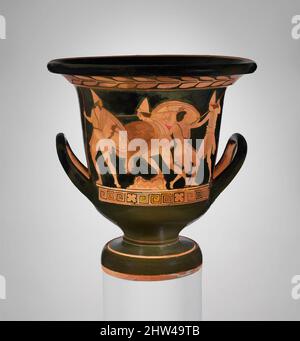 Kunst inspiriert von Terracotta Kelch-Krater (Rührschüssel), klassisch, ca. 430–400 v. Chr., Griechisch, Süditalienisch, Lukanisch, Terrakotta; Rot, H. 15 1/16 Zoll (38,3 cm); Munddurchmesser 14 9/16 Zoll (37 cm), Vasen, Vorderseite, vier kämpfende Krieger, Rückwärts, Vier Jugendliche. Diese Vase Well, Classic Works modernisiert von Artotop mit einem Schuss Moderne. Formen, Farbe und Wert, auffällige visuelle Wirkung auf Kunst. Emotionen durch Freiheit von Kunstwerken auf zeitgemäße Weise. Eine zeitlose Botschaft, die eine wild kreative neue Richtung verfolgt. Künstler, die sich dem digitalen Medium zuwenden und die Artotop NFT erschaffen Stockfoto