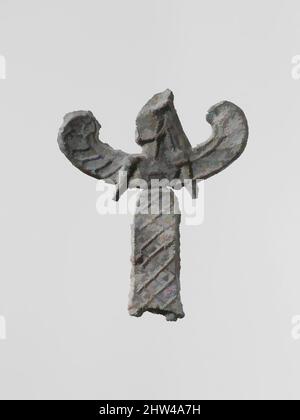 Kunst inspiriert von Bleifigur einer geflügelten Göttin, möglicherweise Artemis Orthia, archaisch, Ende 7.–6. Jahrhundert B,C., Griechisch, Lakonisch, Blei, Höhe: 1 3/4 Zoll (4,4 cm), Verschiedenes-Blei, kleine flache Votivfiguren aus Bleiguss wurden in großen Mengen in den antiken Heiligtümern gefunden, klassische Werke, die von Artotop mit einem Schuss Moderne modernisiert wurden. Formen, Farbe und Wert, auffällige visuelle Wirkung auf Kunst. Emotionen durch Freiheit von Kunstwerken auf zeitgemäße Weise. Eine zeitlose Botschaft, die eine wild kreative neue Richtung verfolgt. Künstler, die sich dem digitalen Medium zuwenden und die Artotop NFT erschaffen Stockfoto