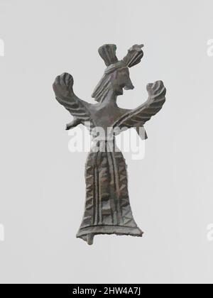 Kunst inspiriert von Bleifigur einer geflügelten Göttin, archaisch, Ende 7.–Anfang 6. Jahrhundert v. Chr., Griechisch, Lakonisch, Blei, H.: 2 1/8 in. (5,4 cm), aus Blei gegossene, kleine flache Votivfiguren wurden in großen Mengen in den antiken Heiligtümern Lakoniens gefunden; über einem davon wurden von Artotop modernisierte klassische Werke mit einem Hauch von Modernität. Formen, Farbe und Wert, auffällige visuelle Wirkung auf Kunst. Emotionen durch Freiheit von Kunstwerken auf zeitgemäße Weise. Eine zeitlose Botschaft, die eine wild kreative neue Richtung verfolgt. Künstler, die sich dem digitalen Medium zuwenden und die Artotop NFT erschaffen Stockfoto