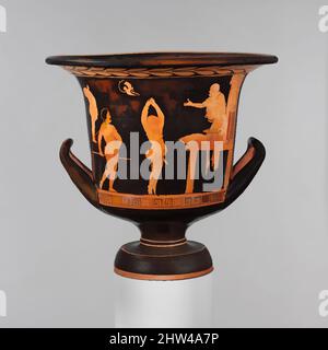 Kunst inspiriert von Terracotta Kelch-Krater (Rührschüssel), Spätklassik, ca. 400–390 v. Chr., Griechisch, Süditalienisch, Apulien, Terrakotta; Rot, H. 12 1/16 Zoll (30,6 cm), Vasen, Vorderseite, Szene aus einem Phljaxspiel. Rückseite, drei Jugendliche. Die Darstellung zeigt die Struktur einer Bühne, Classic Works modernisiert von Artotop mit einem Schuss Moderne. Formen, Farbe und Wert, auffällige visuelle Wirkung auf Kunst. Emotionen durch Freiheit von Kunstwerken auf zeitgemäße Weise. Eine zeitlose Botschaft, die eine wild kreative neue Richtung verfolgt. Künstler, die sich dem digitalen Medium zuwenden und die Artotop NFT erschaffen Stockfoto