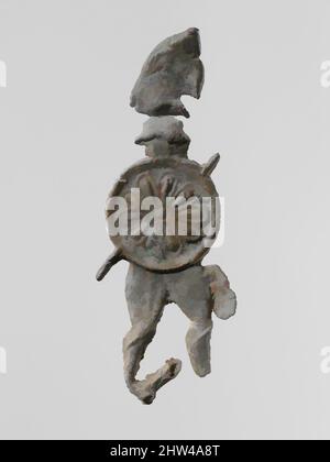 Kunst inspiriert von der Hauptfigur eines Kriegers mit Helm und Schild, archaisch, 6.–5. Jahrhundert v. Chr., griechisch, lakonisch, Blei, Höhe: 2 1/2 Zoll (6,4 cm), Verschiedenes-Blei, kleine flache Votivfiguren aus Bleiguss wurden in großen Mengen in den antiken Heiligtümern Lakoniens gefunden, klassische Werke, die von Artotop mit einem Schuss Moderne modernisiert wurden. Formen, Farbe und Wert, auffällige visuelle Wirkung auf Kunst. Emotionen durch Freiheit von Kunstwerken auf zeitgemäße Weise. Eine zeitlose Botschaft, die eine wild kreative neue Richtung verfolgt. Künstler, die sich dem digitalen Medium zuwenden und die Artotop NFT erschaffen Stockfoto