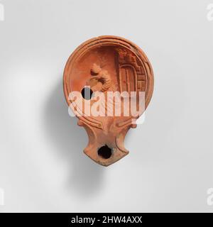 Kunst inspiriert von Terracotta Volute Lampe mit Meer Monster, Imperial, 1. Jahrhundert v. Chr.– 1. Jahrhundert n. Chr., Roman, Terracotta, L. 3 15/16 in. (10cm.), Terracottas, auf der Lampe ist ein Seeungeheuer vor einer ummauerten Stadt dargestellt, Classic Works modernisiert von Artotop mit einem Schuss Moderne. Formen, Farbe und Wert, auffällige visuelle Wirkung auf Kunst. Emotionen durch Freiheit von Kunstwerken auf zeitgemäße Weise. Eine zeitlose Botschaft, die eine wild kreative neue Richtung verfolgt. Künstler, die sich dem digitalen Medium zuwenden und die Artotop NFT erschaffen Stockfoto