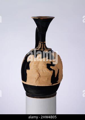 Kunst inspiriert von Terracotta lekythos (Ölflasche), hellenistisch, Ende des 4.. Jahrhunderts v. Chr., griechisch, attisch, Terracotta; aufgebrachte Reliefs, H. 5 3/8 Zoll (13,7 cm), Vasen, Telephos, Orest und Clytemnestra. Telephos, König von Mysien, wurde von dem griechischen Helden Achilles während des ersten Klassikers der Griechen, der von Artotop mit einem Schuss Modernität modernisiert wurde, verwundet. Formen, Farbe und Wert, auffällige visuelle Wirkung auf Kunst. Emotionen durch Freiheit von Kunstwerken auf zeitgemäße Weise. Eine zeitlose Botschaft, die eine wild kreative neue Richtung verfolgt. Künstler, die sich dem digitalen Medium zuwenden und die Artotop NFT erschaffen Stockfoto