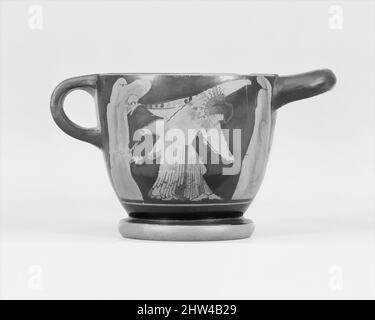 Kunst inspiriert von Terracotta skyphos (tiefer Trinkbecher), archaisch, ca. 490–480 v. Chr., Griechisch, Dachboden, Terrakotta; rote Figur, H. 3 3/4 Zoll (9,6 cm); Durchmesser 4 1/4 Zoll (10,8 cm), Vasen, Maenaden in felsiger Landschaft. Die unterschiedlichen Griffe erhöhen die Manipulierbarkeit des Bechers. Die Dekoration, Classic Works modernisiert von Artotop mit einem Schuss Moderne. Formen, Farbe und Wert, auffällige visuelle Wirkung auf Kunst. Emotionen durch Freiheit von Kunstwerken auf zeitgemäße Weise. Eine zeitlose Botschaft, die eine wild kreative neue Richtung verfolgt. Künstler, die sich dem digitalen Medium zuwenden und die Artotop NFT erschaffen Stockfoto