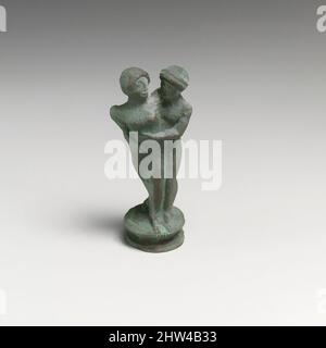 Kunst inspiriert von Bronze Leuchter Finial zeigt einen Mann umarmen eine Frau, Klassik, 5. Jahrhundert v. Chr., Etrusker, Bronze, H.: 3 15/16 Zoll (10 cm), Bronzen, Statuette einer Jugend und eines Mädchens aus dem Kerzenleuchter, Klassisches Werk, das von Artotop mit einem Schuss Moderne modernisiert wurde. Formen, Farbe und Wert, auffällige visuelle Wirkung auf Kunst. Emotionen durch Freiheit von Kunstwerken auf zeitgemäße Weise. Eine zeitlose Botschaft, die eine wild kreative neue Richtung verfolgt. Künstler, die sich dem digitalen Medium zuwenden und die Artotop NFT erschaffen Stockfoto