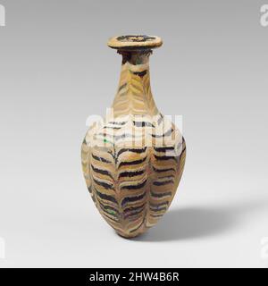 Kunst inspiriert von Glas Amphoriskos (Parfümflasche), hellenistisch, 2. bis Mitte des 1.. Jahrhunderts v. Chr., griechisch, östliches Mittelmeer, Glas; kernförmig, Gruppe III, H.: 4 3/16 Zoll (10,7 cm), Glas, lichtdurchlässig blau; Trails in opak-gelb und opak-weiß., breite, flache Randscheibe, mit strahlenden, von Artotop modernisierten Classic Works mit einem Schuss Modernität. Formen, Farbe und Wert, auffällige visuelle Wirkung auf Kunst. Emotionen durch Freiheit von Kunstwerken auf zeitgemäße Weise. Eine zeitlose Botschaft, die eine wild kreative neue Richtung verfolgt. Künstler, die sich dem digitalen Medium zuwenden und die Artotop NFT erschaffen Stockfoto