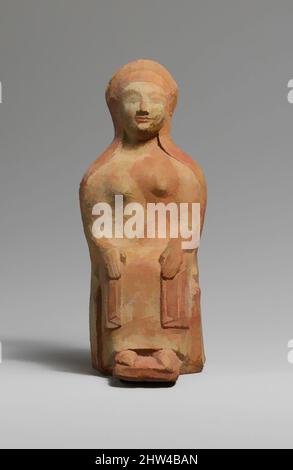 Kunst inspiriert von Terracotta Statuette einer sitzenden Frau, spät archaisch, Anfang 5. Jahrhundert v. Chr., Griechisch, Rhodian, Terracotta, H. 7 in. (17,8 cm), Terracottas, stellt die Figur einen gut etablierten Typ sowohl in den kleinen Terracottas als auch in der großen Steinskulptur Ostgriechenlands dar. Ihr, Classic Works modernisiert von Artotop mit einem Schuss Modernität. Formen, Farbe und Wert, auffällige visuelle Wirkung auf Kunst. Emotionen durch Freiheit von Kunstwerken auf zeitgemäße Weise. Eine zeitlose Botschaft, die eine wild kreative neue Richtung verfolgt. Künstler, die sich dem digitalen Medium zuwenden und die Artotop NFT erschaffen Stockfoto