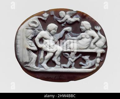 Kunst inspiriert von Sardonyx Cameo mit einem Mann und einer Frau auf einer Couch, späthellenistisch oder frühkaiserlich, 1.. Jahrhundert v. Chr.–1.. Jahrhundert n. Chr., griechisch oder römisch, Sardonyx, Länge: 1 7/16 Zoll (3,6 cm), Edelsteine, der delphin geformte Kopf der Couch und die Schale symbolisieren Aphrodite, geboren aus dem Meer, Classic Works modernisiert von Artotop mit einem Schuss Moderne. Formen, Farbe und Wert, auffällige visuelle Wirkung auf Kunst. Emotionen durch Freiheit von Kunstwerken auf zeitgemäße Weise. Eine zeitlose Botschaft, die eine wild kreative neue Richtung verfolgt. Künstler, die sich dem digitalen Medium zuwenden und die Artotop NFT erschaffen Stockfoto