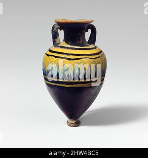 Kunst inspiriert von Glas Amphoriskos (Parfümflasche), klassisch, Ende 6.–5. Jahrhundert v. Chr., Griechisch, östliches Mittelmeer, Glas; Kernform, Gruppe I, H. 3 1/8 Zoll (8 cm), Glas, lichtdurchlässig blau, mit Griffen in gleicher Farbe; Trails in opak-gelb und opak-türkisblau., breit, Classic Works modernisiert von Artotop mit einem Schuss Moderne. Formen, Farbe und Wert, auffällige visuelle Wirkung auf Kunst. Emotionen durch Freiheit von Kunstwerken auf zeitgemäße Weise. Eine zeitlose Botschaft, die eine wild kreative neue Richtung verfolgt. Künstler, die sich dem digitalen Medium zuwenden und die Artotop NFT erschaffen Stockfoto