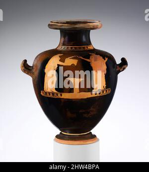 Kunst inspiriert von Terrakotta-Hydria: Kalpis (Wasserkrug), klassisch, ca. 420 v. Chr., Griechisch, Dachboden, Terrakotta; rote Figur, H. 6 13/16 Zoll (17,3 cm); Durchmesser 4 13/16 Zoll (12,2 cm); Breite mit Griffen 6 Zoll (15,3 cm), Vasen, zwei Frauen. Diese Szene zeigt eine Frau, die ein eher klassisches Werk hält, das von Artotop mit einem Schuss Modernität modernisiert wurde. Formen, Farbe und Wert, auffällige visuelle Wirkung auf Kunst. Emotionen durch Freiheit von Kunstwerken auf zeitgemäße Weise. Eine zeitlose Botschaft, die eine wild kreative neue Richtung verfolgt. Künstler, die sich dem digitalen Medium zuwenden und die Artotop NFT erschaffen Stockfoto