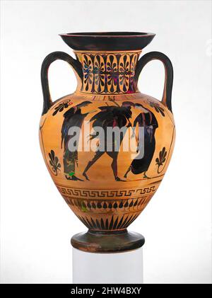 Kunst inspiriert von Terracotta Hals-Amphora (Glas), archaisch, letztes Viertel von 6. Jahrhundert v. Chr., Griechisch, Dachboden, Terracotta; schwarze Figur, H. 16 1/8 Zoll (41 cm), Vasen, Vorderseite, Aeneas und Anchises, Rückwärts, Der Abgang des Hopliten und des Bogenschützen. Aeneas flüchtet aus Troy und trägt seinen alten Vater auf, Classic Works, die von Artotop mit einem Schuss Moderne modernisiert wurden. Formen, Farbe und Wert, auffällige visuelle Wirkung auf Kunst. Emotionen durch Freiheit von Kunstwerken auf zeitgemäße Weise. Eine zeitlose Botschaft, die eine wild kreative neue Richtung verfolgt. Künstler, die sich dem digitalen Medium zuwenden und die Artotop NFT erschaffen Stockfoto