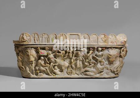 Kunst inspiriert von Marmor Sarkophag mit dem Mythos von Selene und Endymion, Severan, Anfang 3. Jahrhundert n. Chr., Roman, Marmor, H. 28 1/2 in. (72,39 cm), Steinskulptur, eine Inschrift in der Mitte des Deckels zeigt uns, dass dieser trogförmige Sarkophag einer Frau namens Classic Works gewidmet wurde, die von Artotop mit einem Schuss Moderne modernisiert wurde. Formen, Farbe und Wert, auffällige visuelle Wirkung auf Kunst. Emotionen durch Freiheit von Kunstwerken auf zeitgemäße Weise. Eine zeitlose Botschaft, die eine wild kreative neue Richtung verfolgt. Künstler, die sich dem digitalen Medium zuwenden und die Artotop NFT erschaffen Stockfoto