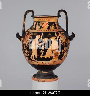 Kunst inspiriert von Terracotta nestoris (Glas mit zwei Griff), Spätklassik, ca. 360–350 v. Chr., Griechisch, Süditalienisch, Lukanisch, Terrakotta; Rot, H. mit Griffen, 15 Zoll (38,1 cm), Vasen, auf dem Körper, Vorderseite, Jugend, die einen Vogel auf eine Frau ausdehnt, Rückseite, zwei Jugendliche, auf dem Hals, Klassisches Werk, modernisiert von Artotop mit einem Schuss Moderne. Formen, Farbe und Wert, auffällige visuelle Wirkung auf Kunst. Emotionen durch Freiheit von Kunstwerken auf zeitgemäße Weise. Eine zeitlose Botschaft, die eine wild kreative neue Richtung verfolgt. Künstler, die sich dem digitalen Medium zuwenden und die Artotop NFT erschaffen Stockfoto