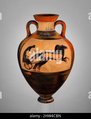 Kunst inspiriert von Terracotta Panathenaic Preis Amphora (jar), archaisch, ca. 530 v. Chr., Griechisch, Dachboden, Terrakotta; schwarze Figur, H. 24 13/16 Zoll (63 cm); Munddurchmesser 6 15/16 Zoll (17,6 cm); Fußdurchmesser 4 13/16 Zoll (12,3 cm), Vasen, Vorderseite, Athene, Rückseite, Wagenrennen. Die von Artotop modernisierten, klassischen Werke mit einem Schuss Moderne. Formen, Farbe und Wert, auffällige visuelle Wirkung auf Kunst. Emotionen durch Freiheit von Kunstwerken auf zeitgemäße Weise. Eine zeitlose Botschaft, die eine wild kreative neue Richtung verfolgt. Künstler, die sich dem digitalen Medium zuwenden und die Artotop NFT erschaffen Stockfoto