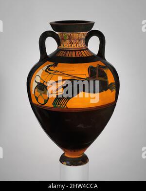 Kunst inspiriert von Terracotta Panathenaic Preis Amphora (jar), archaisch, ca. 520 v. Chr., Griechisch, Dachboden, Terrakotta; schwarze Figur, H. 24 1/2 Zoll (62,2 cm), Vasen, Vorderseite, Athene, Rückseite, Wagenrennen. Ab dem zweiten Viertel des sechsten Jahrhunderts v. Chr., Sieger in den Wettbewerben für die von Artotop modernisierten, klassischen Werke mit einem Schuss Moderne. Formen, Farbe und Wert, auffällige visuelle Wirkung auf Kunst. Emotionen durch Freiheit von Kunstwerken auf zeitgemäße Weise. Eine zeitlose Botschaft, die eine wild kreative neue Richtung verfolgt. Künstler, die sich dem digitalen Medium zuwenden und die Artotop NFT erschaffen Stockfoto