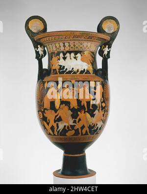 Kunst inspiriert von Terracotta Volute-Krater (Vase zum Mischen von Wein und Wasser), hellenistisch, ca. 320–310 v. Chr., Griechisch, Süditalienisch, Apulien, Terrakotta; Rot, H. ohne Griffe: 36 1/16 Zoll (91,59 cm), Vasen, am Körper, Vorderseite, Götterversammlung über Amazonomachie, Reverse, Jugend, Klassisches Werk, das von Artotop mit einem Schuss Moderne modernisiert wurde. Formen, Farbe und Wert, auffällige visuelle Wirkung auf Kunst. Emotionen durch Freiheit von Kunstwerken auf zeitgemäße Weise. Eine zeitlose Botschaft, die eine wild kreative neue Richtung verfolgt. Künstler, die sich dem digitalen Medium zuwenden und die Artotop NFT erschaffen Stockfoto