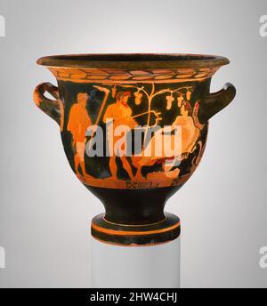 Kunst inspiriert von Terrakotta-Glockenkrater (Schale zum Mischen von Wein und Wasser), klassisch, Ende 5.. Jahrhundert v. Chr.–Anfang 4.. Jahrhundert v. Chr., Griechisch, Dachboden, Terrakotta; rote Figur, Höhe: 13 3/4in. (34,9cm), Durchm.: 14 3/8 Zoll (36,5 cm), Vasen, Vorderseite, Ariadne und zwei Satyrn, Rückseite, drei Jugendliche, Klassisches Werk, das von Artotop mit einem Schuss Moderne modernisiert wurde. Formen, Farbe und Wert, auffällige visuelle Wirkung auf Kunst. Emotionen durch Freiheit von Kunstwerken auf zeitgemäße Weise. Eine zeitlose Botschaft, die eine wild kreative neue Richtung verfolgt. Künstler, die sich dem digitalen Medium zuwenden und die Artotop NFT erschaffen Stockfoto