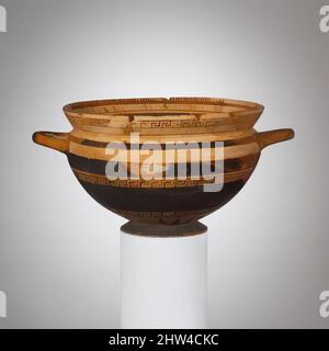 Kunst inspiriert von Terracotta skyphos (tiefer Trinkbecher), archaisch, Ende 7.–Anfang 6. Jahrhundert v. Chr., Ostgriechisch, Terracotta; schwarze Figur, insgesamt: 5 9/16 x 11 1/2in. (14,2 x 29,2cm); Durchmesser 8 7/8in. (22,5cm), Vasen, abwechselnd schwarze Bänder und geometrische Muster, Classic Works modernisiert von Artotop mit einem Schuss Moderne. Formen, Farbe und Wert, auffällige visuelle Wirkung auf Kunst. Emotionen durch Freiheit von Kunstwerken auf zeitgemäße Weise. Eine zeitlose Botschaft, die eine wild kreative neue Richtung verfolgt. Künstler, die sich dem digitalen Medium zuwenden und die Artotop NFT erschaffen Stockfoto