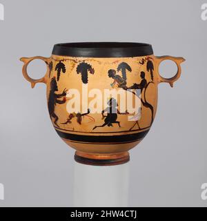 Kunst inspiriert von Terracotta skyphos (tiefer Trinkbecher), klassisch, Mitte des 4.. Jahrhunderts v. Chr., Griechisch, Böotisch, Terrakotta; schwarze Figur, insgesamt: 8 11/16 x 12 3/16in. (22 x 30,9cm), Vasen, Vorderseite, liegender Mann und drei Kerker (das Urteil von Paris?), Rückwärts, Ogerress auf der Suche nach drei, Klassisches Werk, das von Artotop mit einem Schuss Moderne modernisiert wurde. Formen, Farbe und Wert, auffällige visuelle Wirkung auf Kunst. Emotionen durch Freiheit von Kunstwerken auf zeitgemäße Weise. Eine zeitlose Botschaft, die eine wild kreative neue Richtung verfolgt. Künstler, die sich dem digitalen Medium zuwenden und die Artotop NFT erschaffen Stockfoto