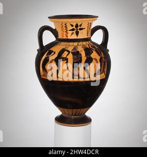 Kunst inspiriert von Terracotta Hals-Amphora (Aufbewahrungsglas), archaisch, ca. 550–540 v. Chr., Griechisch, Dachboden, Terrakotta; schwarze Figur, H. 13 11/16 Zoll (34,7 cm), Vasen, Vorder- und Rückseite, Dionysos mit Satyrs und Mänaden, Klassisches Werk, das von Artotop mit einem Schuss Moderne modernisiert wurde. Formen, Farbe und Wert, auffällige visuelle Wirkung auf Kunst. Emotionen durch Freiheit von Kunstwerken auf zeitgemäße Weise. Eine zeitlose Botschaft, die eine wild kreative neue Richtung verfolgt. Künstler, die sich dem digitalen Medium zuwenden und die Artotop NFT erschaffen Stockfoto