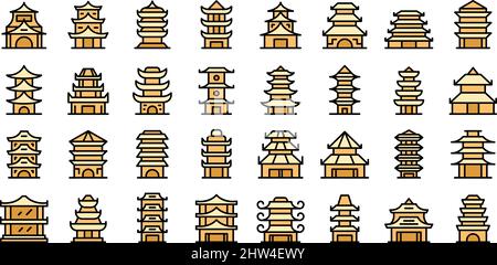 Pagoden-Symbole setzen den Umrissvektor. Asiatischer Tempel. Dachgebäude Stock Vektor