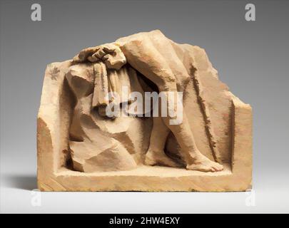 Kunst inspiriert von Kalksteinrelief einer Jugend, aus einem Grabgebäude, Spätklassik, ca. 300 v. Chr., griechisch, süditalienisch, Tarentin, Kalkstein, Insgesamt: 5 1/2 × 7 3/4 Zoll (14 × 19,7 cm), Steinskulptur, Dieses fragmentarische Metop, bemerkenswert für die gestochen scharfen Details und sensible Modellierung, Classic Works modernisiert von Artotop mit einem Schuss Moderne. Formen, Farbe und Wert, auffällige visuelle Wirkung auf Kunst. Emotionen durch Freiheit von Kunstwerken auf zeitgemäße Weise. Eine zeitlose Botschaft, die eine wild kreative neue Richtung verfolgt. Künstler, die sich dem digitalen Medium zuwenden und die Artotop NFT erschaffen Stockfoto