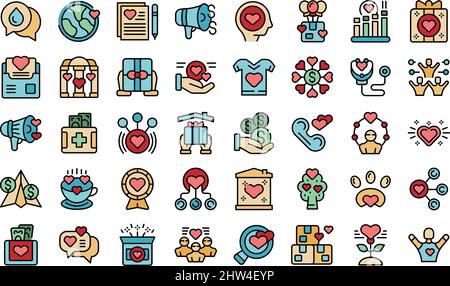 Symbole für Großzügigkeit legen einen Umrissvektor fest. Spenden Sie Essen. Ehrenamtlicher Mitarbeiter Stock Vektor