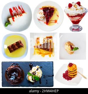 Collage von köstlichen Desserts auf weißem Hintergrund Stockfoto