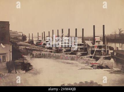 Art inspired by Supply Steamers at Nashville, Tennessee, 1862, Albumensilberdruck von Glasnegativ, Bild: 27,9 x 42,1 cm (11 x 16 9/16 Zoll), Fotografien, Rodney Poole (Amerikaner, geboren 1837), die scheinbar endlose Reihe von Dampfschiffen entlang der Werft in Nashville, Tennessee, Classic Works modernisiert von Artotop mit einem Schuss Moderne. Formen, Farbe und Wert, auffällige visuelle Wirkung auf Kunst. Emotionen durch Freiheit von Kunstwerken auf zeitgemäße Weise. Eine zeitlose Botschaft, die eine wild kreative neue Richtung verfolgt. Künstler, die sich dem digitalen Medium zuwenden und die Artotop NFT erschaffen Stockfoto