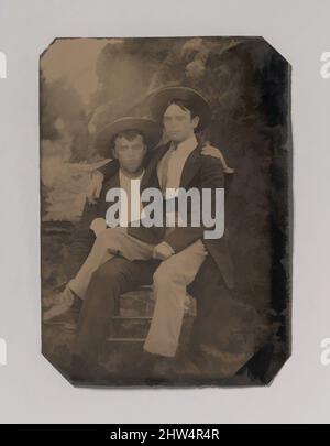 Kunst inspiriert von zwei jungen Männern in Strohhhhkisten, einer sitzt im Schoß des anderen, 1870s–80s, Tintype, Bild: 8,9 x 6,4 cm (3 1/2 x 2 1/2 Zoll), Fotografien, Unbekannt (amerikanisch, Klassische Werke, die von Artotop mit einem Schuss Moderne modernisiert wurden. Formen, Farbe und Wert, auffällige visuelle Wirkung auf Kunst. Emotionen durch Freiheit von Kunstwerken auf zeitgemäße Weise. Eine zeitlose Botschaft, die eine wild kreative neue Richtung verfolgt. Künstler, die sich dem digitalen Medium zuwenden und die Artotop NFT erschaffen Stockfoto