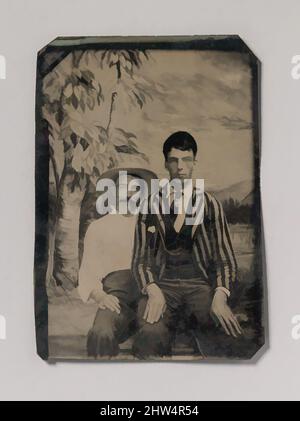 Art Inspired by Young man in a Striped Jacket, Sitting on the Lap of Another man in Front of Painted Outdoor Backdrop, 1860s–80s, Tintype, Bild: 9 x 6,2 cm (3 9/16 x 2 7/16 Zoll), Photographs, Unbekannt (amerikanisch, Klassische Werke, die von Artotop mit einem Schuss Moderne modernisiert wurden. Formen, Farbe und Wert, auffällige visuelle Wirkung auf Kunst. Emotionen durch Freiheit von Kunstwerken auf zeitgemäße Weise. Eine zeitlose Botschaft, die eine wild kreative neue Richtung verfolgt. Künstler, die sich dem digitalen Medium zuwenden und die Artotop NFT erschaffen Stockfoto