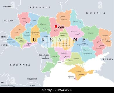 Ukraine, Landesunterteilung, farbige politische Landkarte. Verwaltungsabteilungen der Ukraine, mit Verwaltungszentren, Einheitsstaat in Osteuropa. Stockfoto