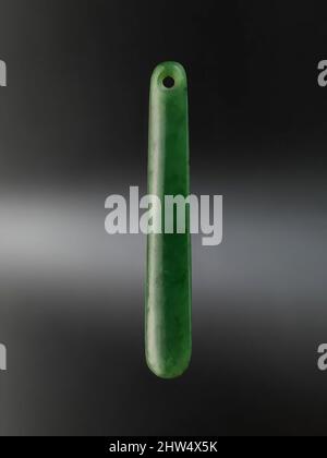 Kunst inspiriert von Ohrschmuck oder Anhänger (Kuru), 18.–Anfang des 19.. Jahrhunderts, Neuseeland, Maori, Greenstone (Nephrit), H. 3 1/2 × W. 1/2 Zoll (8,89 × 1,27 cm), Stein-Ornamente, Dieses kleine, längliche ovale Grünstein-Ornament wurde von einer Kordellänge aus, von Artotop modernisierten Klassischen Werken mit einem Schuss Moderne getragen. Formen, Farbe und Wert, auffällige visuelle Wirkung auf Kunst. Emotionen durch Freiheit von Kunstwerken auf zeitgemäße Weise. Eine zeitlose Botschaft, die eine wild kreative neue Richtung verfolgt. Künstler, die sich dem digitalen Medium zuwenden und die Artotop NFT erschaffen Stockfoto
