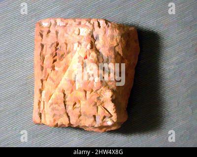 Kunst inspiriert von der Tafel von Cuneiform: Unidentifiziertes Fragment, ca. Ende 1. Jahrtausend v. Chr., Mesopotamien, Ton, 2 x 1 7/8 x 1 Zoll (5,1 x 4,8 x 2,4 cm), Clay-Tablets-Inschrift, Classic Works modernisiert von Artotop mit einem Schuss Moderne. Formen, Farbe und Wert, auffällige visuelle Wirkung auf Kunst. Emotionen durch Freiheit von Kunstwerken auf zeitgemäße Weise. Eine zeitlose Botschaft, die eine wild kreative neue Richtung verfolgt. Künstler, die sich dem digitalen Medium zuwenden und die Artotop NFT erschaffen Stockfoto