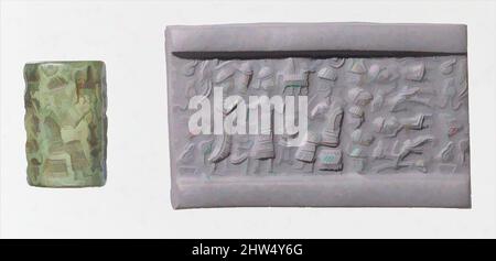 Kunst inspiriert von Zylindersiegel und modernem Eindruck: Göttin, die einen Verehrer zu einer sitzenden Gottheit führt; stiergott, mittlere Bronzezeit–alte assyrische Handelskolonie, ca. 20..–19.. Jahrhundert v. Chr., Zentralanatolien, alte assyrische Handelskolonie, Quartzit, 0,87 Zoll (2,21 cm), Stein-Zylinder-Dichtungen, Klassische Werke, die von Artotop mit einem Schuss Moderne modernisiert wurden. Formen, Farbe und Wert, auffällige visuelle Wirkung auf Kunst. Emotionen durch Freiheit von Kunstwerken auf zeitgemäße Weise. Eine zeitlose Botschaft, die eine wild kreative neue Richtung verfolgt. Künstler, die sich dem digitalen Medium zuwenden und die Artotop NFT erschaffen Stockfoto