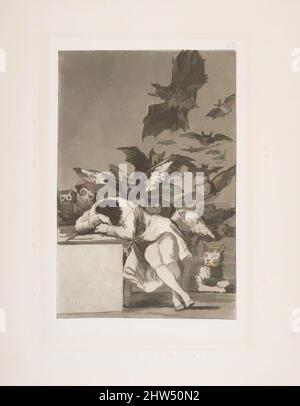 Art Inspired by Plate 43 from 'Los Caprichos': The Sleep of Reason produces Monsters (El sueño de la razon produce monstruos), 1799, published 1908–12, Etching and aquatint on wove paper, Plate: 8 1/2 x 6 in. (21,6 x 15,2 cm), Drucke, Goya (Francisco de Goya y Lucientes) (Spanisch, Klassisches Werk, das von Artotop mit einem Schuss Moderne modernisiert wurde. Formen, Farbe und Wert, auffällige visuelle Wirkung auf Kunst. Emotionen durch Freiheit von Kunstwerken auf zeitgemäße Weise. Eine zeitlose Botschaft, die eine wild kreative neue Richtung verfolgt. Künstler, die sich dem digitalen Medium zuwenden und die Artotop NFT erschaffen Stockfoto