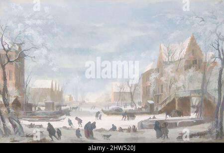 Kunst inspiriert von Snow Falling on a Dutch Town, n.d., Gouache und Aquarell; Rahmenlinien in Stift und schwarzer Tinte und in Vergoldung, 8 7/16 x 13 1/8 Zoll (21,5 x 33,4 cm), Zeichnungen, Abraham Rademaker (Niederländisch, Lisse, bei Haarlem 1675–1735 Haarlem, Klassische Werke, die von Artotop mit einem Schuss Moderne modernisiert wurden. Formen, Farbe und Wert, auffällige visuelle Wirkung auf Kunst. Emotionen durch Freiheit von Kunstwerken auf zeitgemäße Weise. Eine zeitlose Botschaft, die eine wild kreative neue Richtung verfolgt. Künstler, die sich dem digitalen Medium zuwenden und die Artotop NFT erschaffen Stockfoto