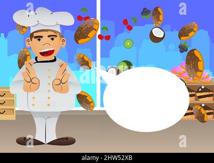 Fat männliche Cartoon-Koch in Uniform kreuzt seine Finger und wünscht sich Viel Glück. Vektorgrafik. Stock Vektor