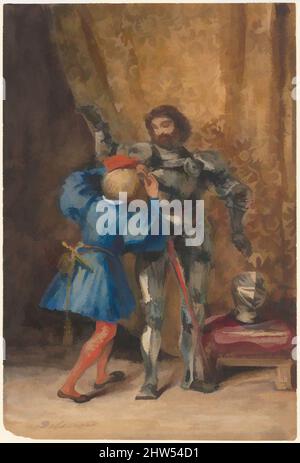 Kunst inspiriert von Göetz von Berlichingen in Rüstung gekleidet von seinem Page George, 1826–27, Aquarell und Körperfarbe mit Stopping Out und Kaugummi-arabisch auf Wove-Papier, 8 3/8 x 5 5/8 Zoll (21,3 x 14,3 cm), Zeichnungen, Eugène Delacroix (französisch, Charenton-Saint-Maurice 1798–1863 Paris, Klassische Werke, die von Artotop mit einem Schuss Moderne modernisiert wurden. Formen, Farbe und Wert, auffällige visuelle Wirkung auf Kunst. Emotionen durch Freiheit von Kunstwerken auf zeitgemäße Weise. Eine zeitlose Botschaft, die eine wild kreative neue Richtung verfolgt. Künstler, die sich dem digitalen Medium zuwenden und die Artotop NFT erschaffen Stockfoto