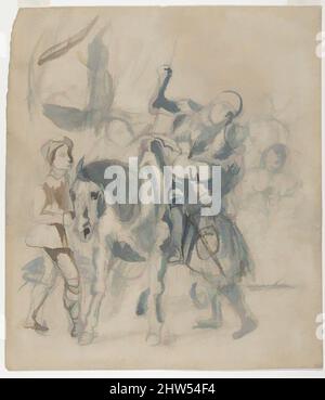 Kunst inspiriert von den Verwundeten Göetz von Berlichingen nimmt Zuflucht in einem Zigeunerlager, ca. 1830, Graphit, blaue und braune Wäsche auf gegelegtem Papier, insgesamt: 9 3/16 x 10 3/4 Zoll (23,4 x 27,3 cm), Zeichnungen, Eugène Delacroix (französisch, Charenton-Saint-Maurice 1798–1863 Paris), Louis Moralez (20., Klassische Werke, die von Artotop mit einem Hauch von Moderne modernisiert wurden. Formen, Farbe und Wert, auffällige visuelle Wirkung auf Kunst. Emotionen durch Freiheit von Kunstwerken auf zeitgemäße Weise. Eine zeitlose Botschaft, die eine wild kreative neue Richtung verfolgt. Künstler, die sich dem digitalen Medium zuwenden und die Artotop NFT erschaffen Stockfoto