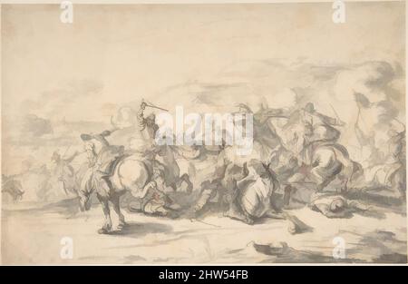 Kunst inspiriert von der Battle Scene: A Cavalry Engagement, 17. Century, Stift und braune Tinte, Pinsel und Grau waschen über schwachen Spuren schwarzer Kreide, 7 5/16 x 11 5/16 Zoll (18,6 x 28,8 cm), Zeichnungen, Jacques Courtois (französisch, Saint-Hippolyte 1621–1676 Rom, Klassische Werke, die von Artotop mit einem Schuss Moderne modernisiert wurden. Formen, Farbe und Wert, auffällige visuelle Wirkung auf Kunst. Emotionen durch Freiheit von Kunstwerken auf zeitgemäße Weise. Eine zeitlose Botschaft, die eine wild kreative neue Richtung verfolgt. Künstler, die sich dem digitalen Medium zuwenden und die Artotop NFT erschaffen Stockfoto